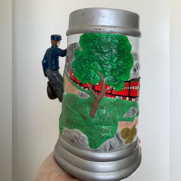 Hand Painted Ceramic Beer Mug Stein Train Theme Tall Mailman Mail Cup Novelty - Picture 4 of 10